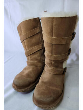 UGG Brown Suede Shearling Buckle Mid-Calf Zip Boot Rubber Sole Girl